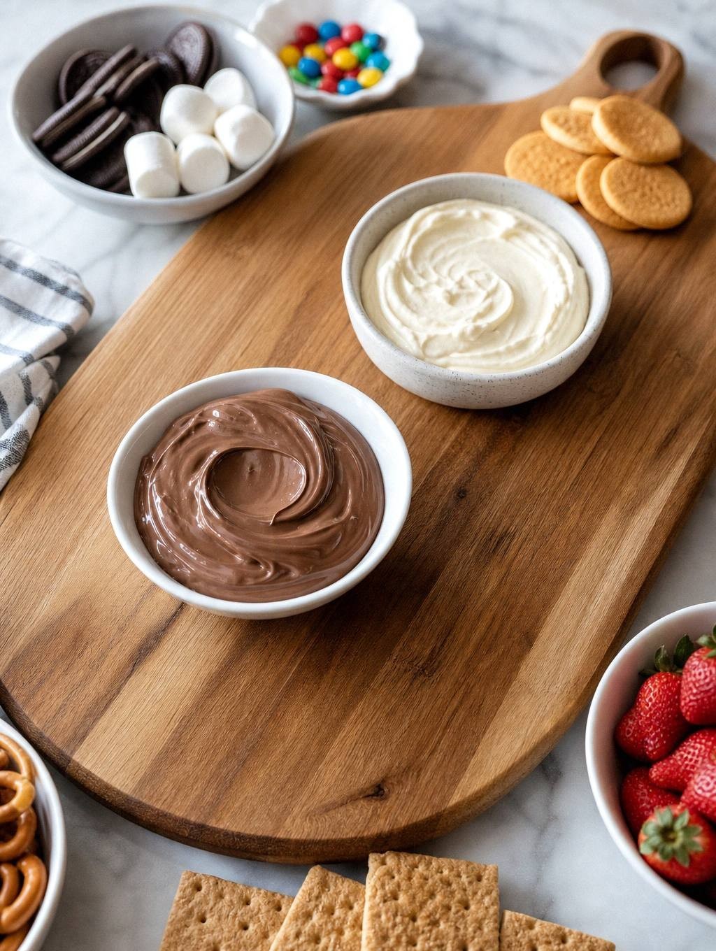 hands placing chocolate bark and cookies around two small bowls on wooden board with dried fruit waiting nearby