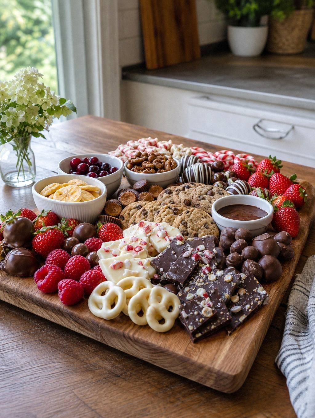 chocolate-covered caramels and strawberries on dessert board in shaded outdoor setting with mint garnish