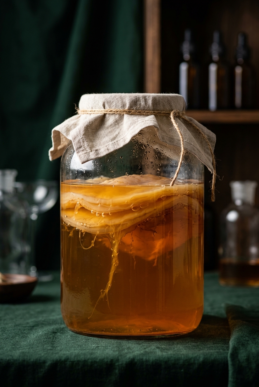Glass jar of fermenting ginger mint kombucha with SCOBY floating on top, fresh ginger slices and mint leaves visible through amber liquid on white kitchen counter