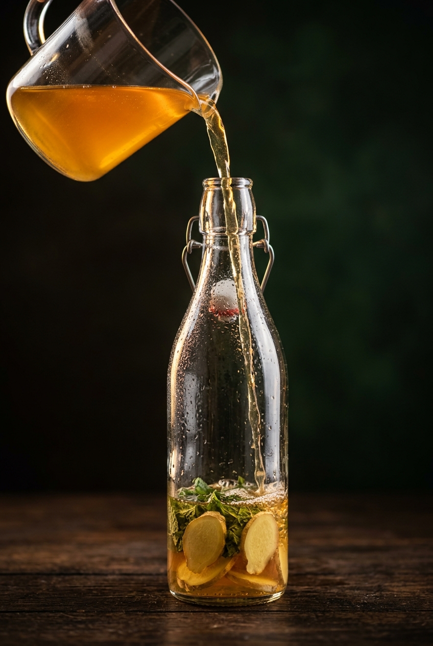 Hands adding fresh ginger slices and mint leaves to glass swing-top bottles for second fermentation of probiotic kombucha on wooden cutting board