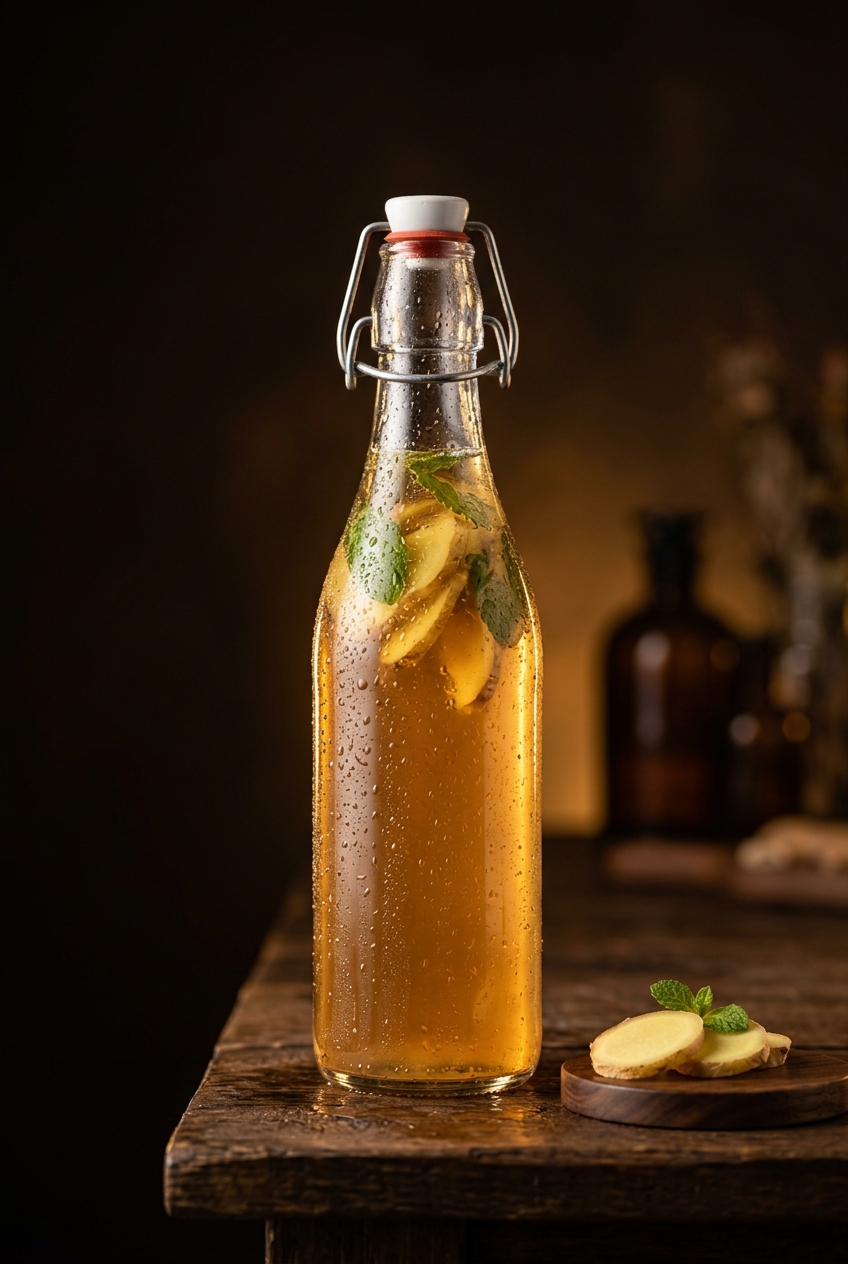 Chilled ginger mint kombucha poured into clear glass with visible carbonation bubbles, fresh mint garnish, ginger slices on side, natural light