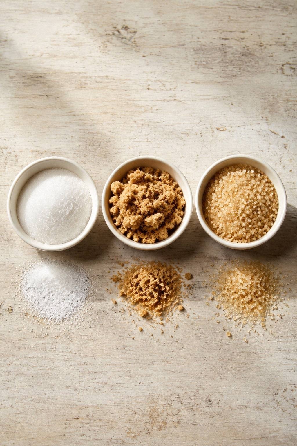 Fine caster sugar, brown sugar, and coarse demerara sugar in three bowls with a spill of each in front, showing the difference in crystal size