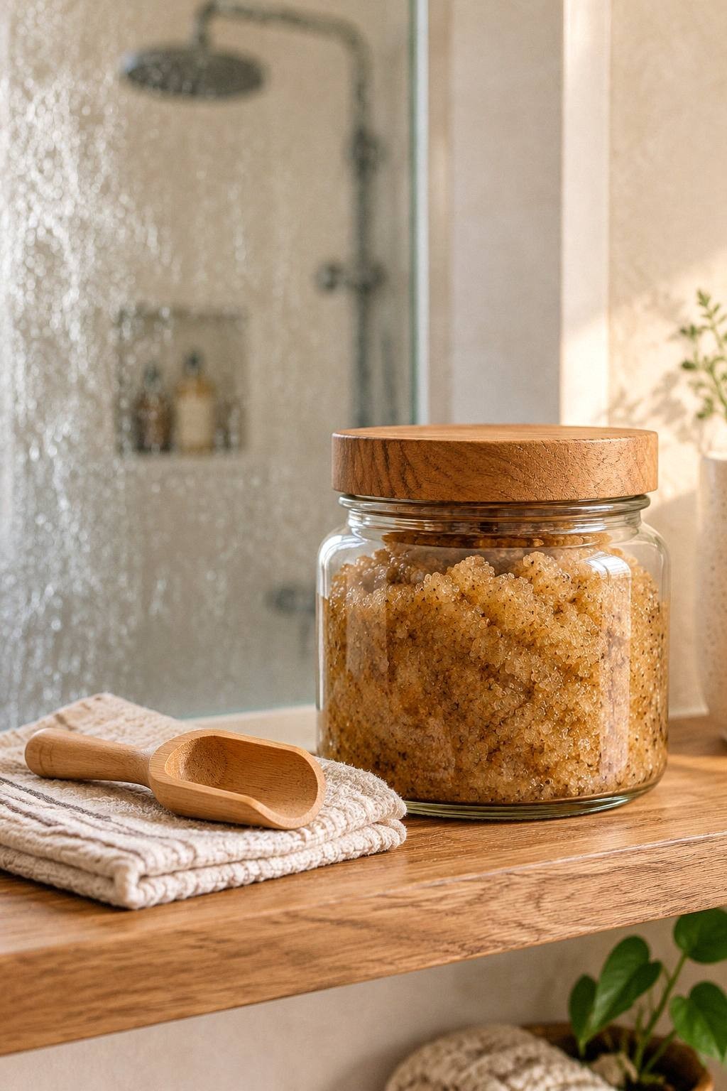 A sealed jar of sugar body scrub stored dry on a wooden bathroom shelf with the wet shower screen blurred well behind it
