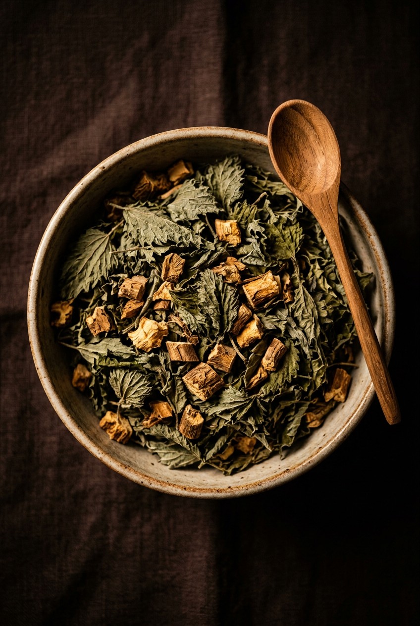Five glass jars filled with colorful loose leaf herbal tea blends featuring dandelion root, nettle, mint, and lavender on a wooden table with fresh spring herbs scattered around