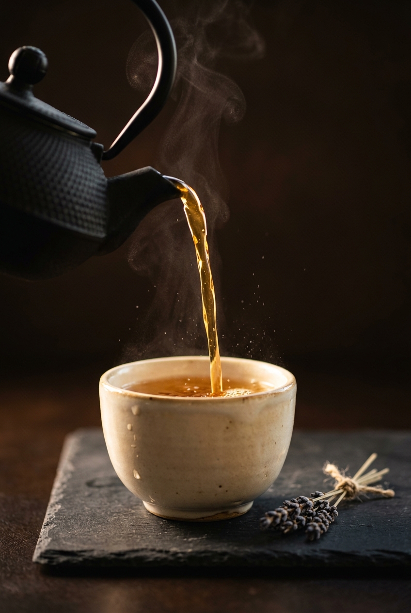 Hands mixing dried nettle leaf and dandelion root in a ceramic bowl with loose leaf tea ingredients spread on a linen cloth