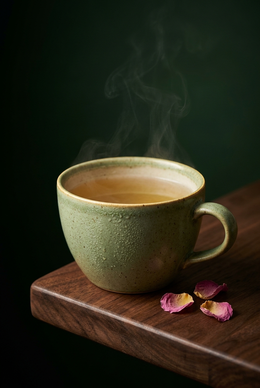 Steaming cup of golden herbal tea next to open glass jars of loose leaf tea blends with dried dandelion, mint, and rose petals visible