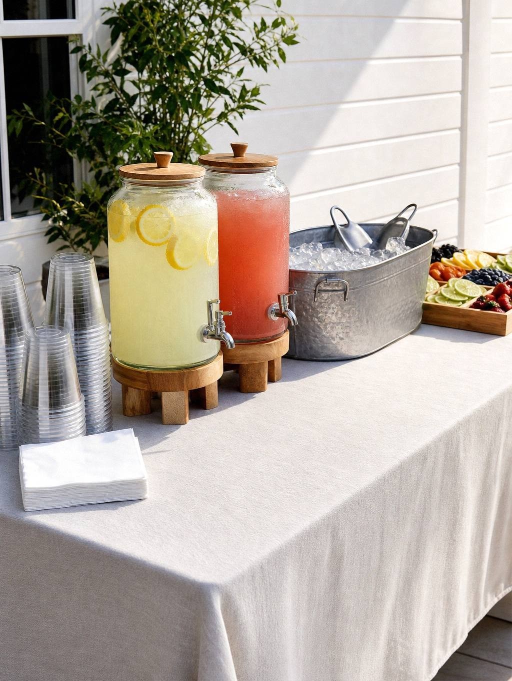 A drink station laid out in serving order with cups and napkins nearest, then two glass dispensers, a galvanised ice tub, and a garnish tray at the far end
