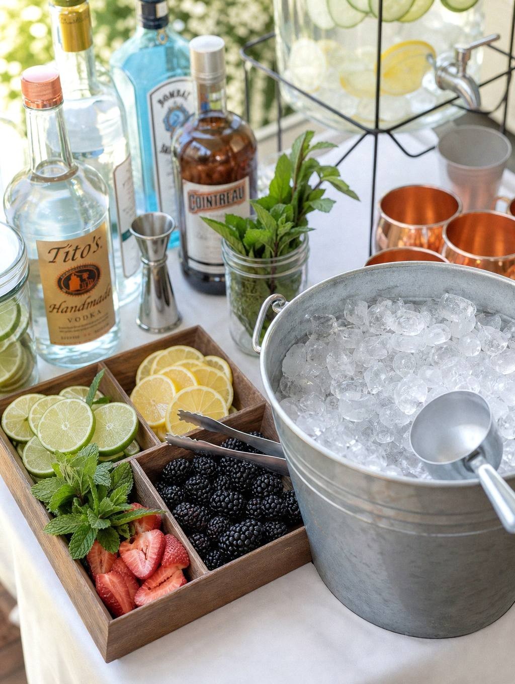 A divided wooden garnish tray of lime wheels, lemon slices, blackberries, strawberries and mint with tongs, beside a galvanised bucket of ice and a scoop