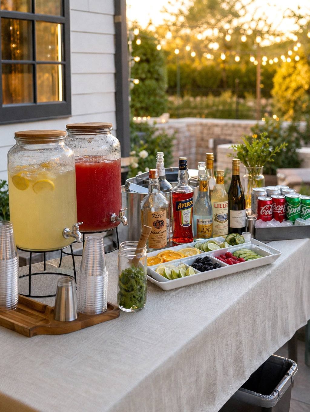 An outdoor drink station at golden hour under string lights, with two dispensers, stacked cups, a garnish tray, mixers and spirits, and a bin at the end of the table