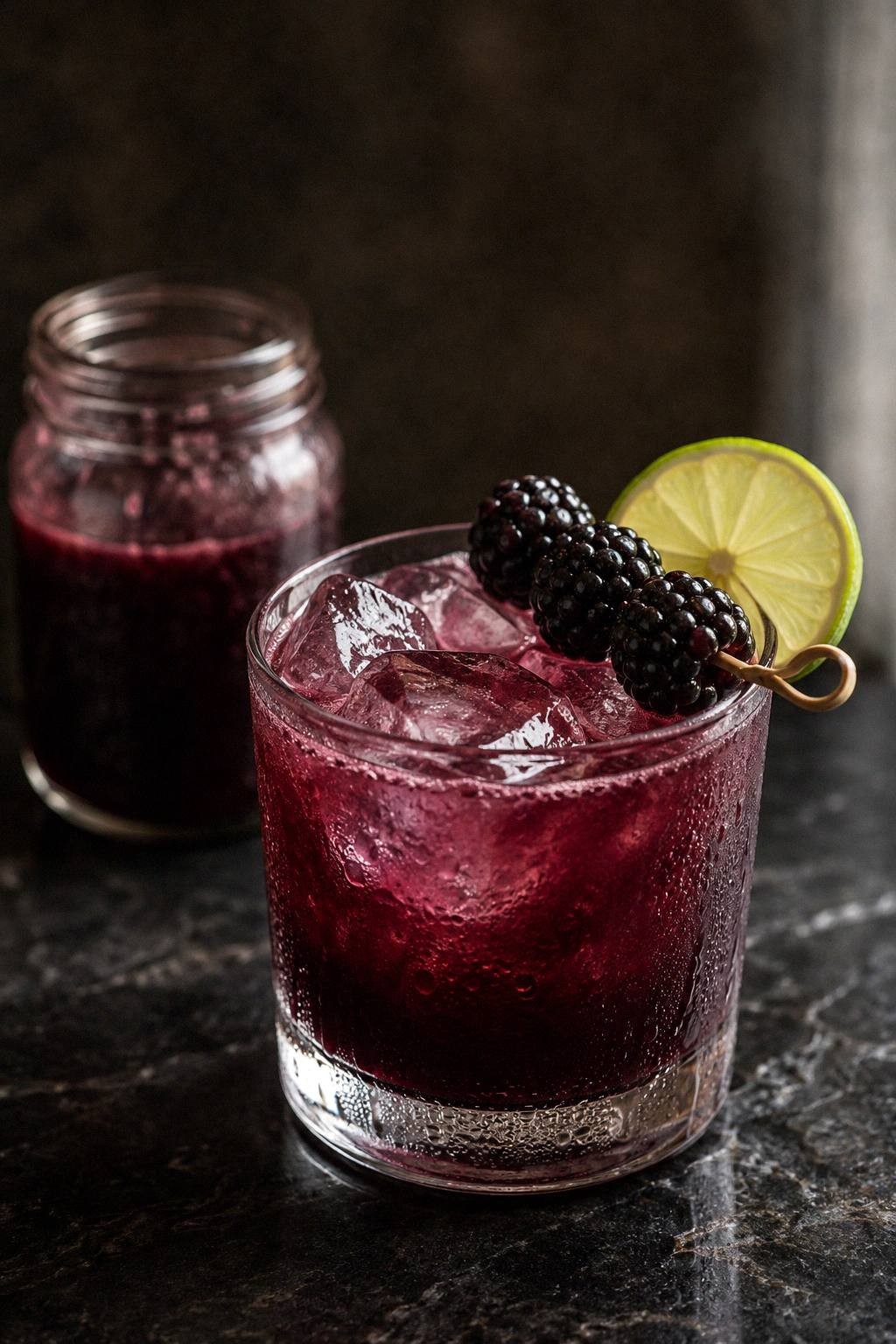 Dark purple Drunk Witch blackberry Collins with a blackberry pick and lime-wheel garnish