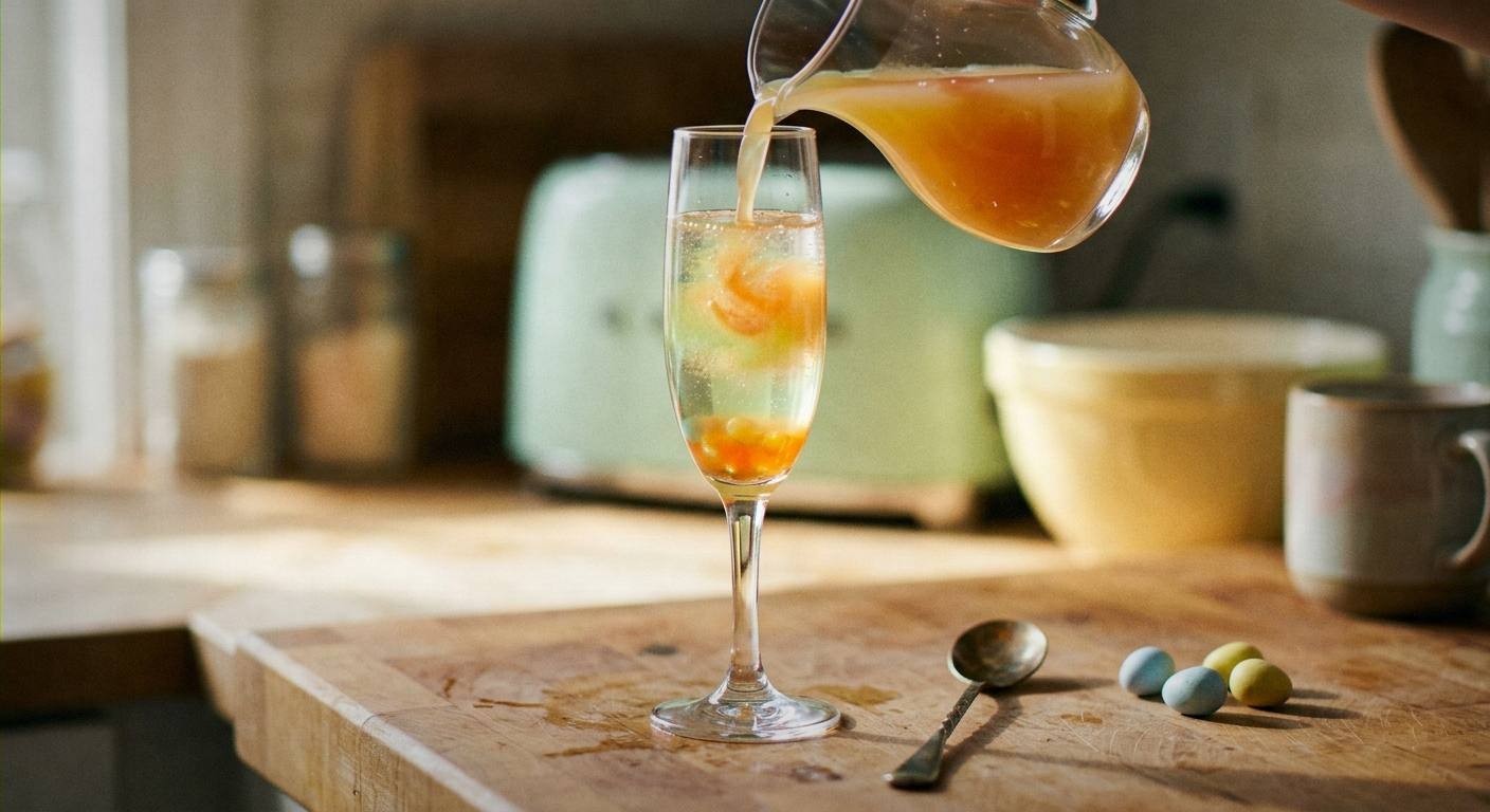 Hands muddling fresh cucumber and mint in cocktail shaker for Easter mocktail, botanical ingredients and elderflower cordial bottle visible on marble countertop