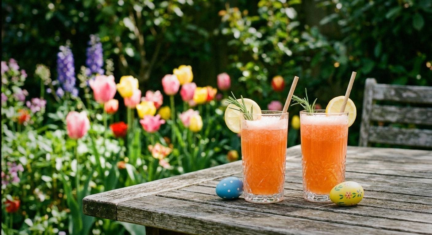 Three finished Easter brunch mocktails arranged on outdoor table with fresh flowers, botanical garnishes, and spring sunlight showing condensation on glasses and ice
