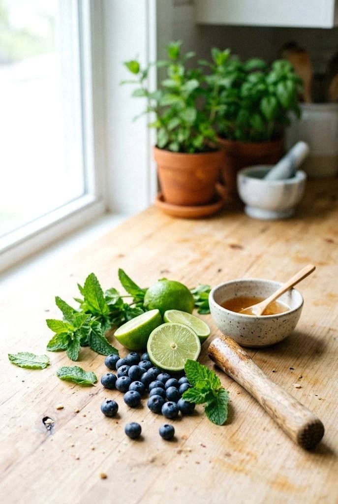 Fresh blueberries and halved limes arranged on a bright summer counter before making blueberry limeade mocktails