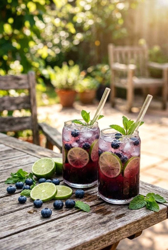 Two finished blueberry limeade mocktails with ice and bright purple-blue color on an outdoor table