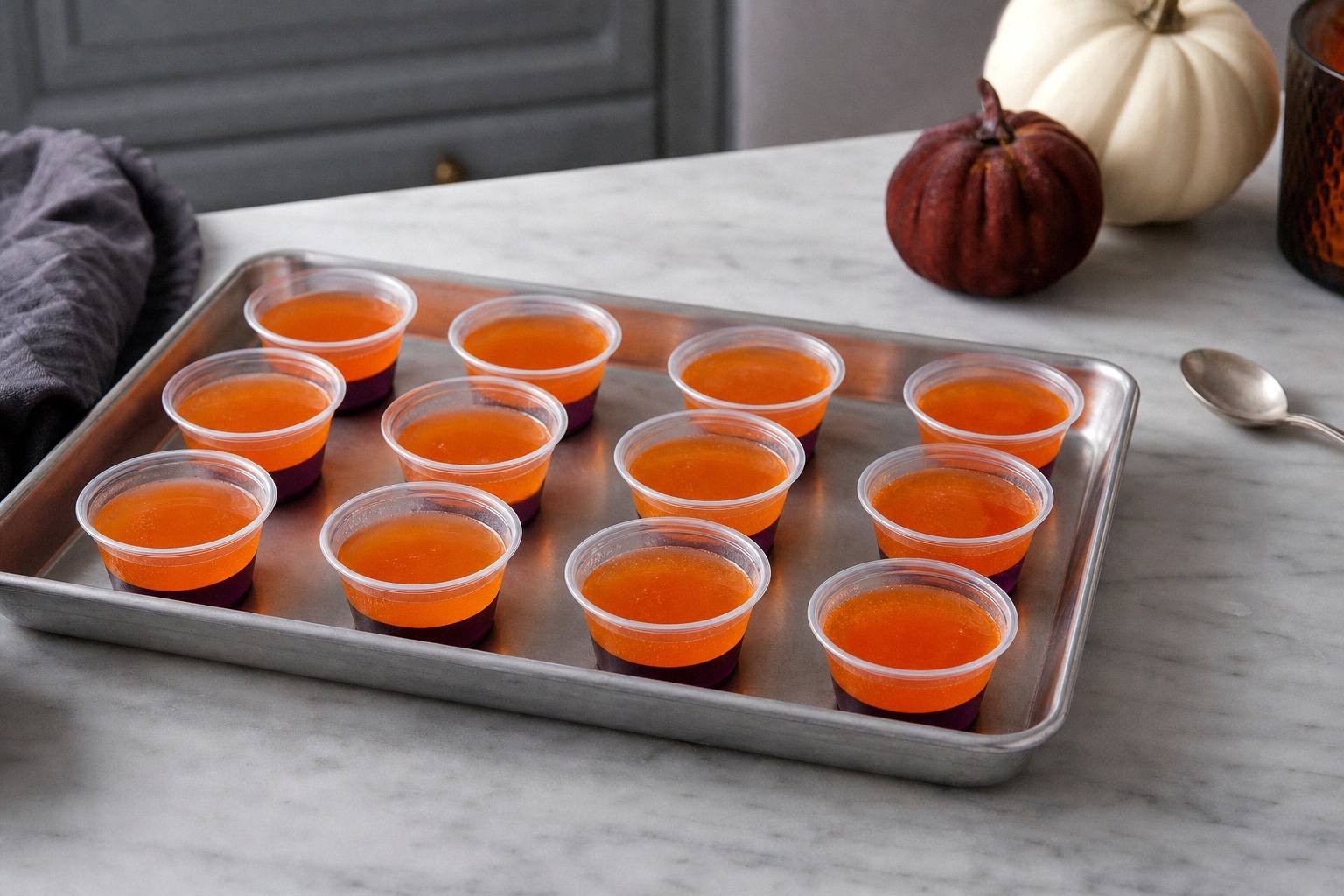 spoon pressing gently on surface of set blue jello layer in plastic cup before adding purple layer