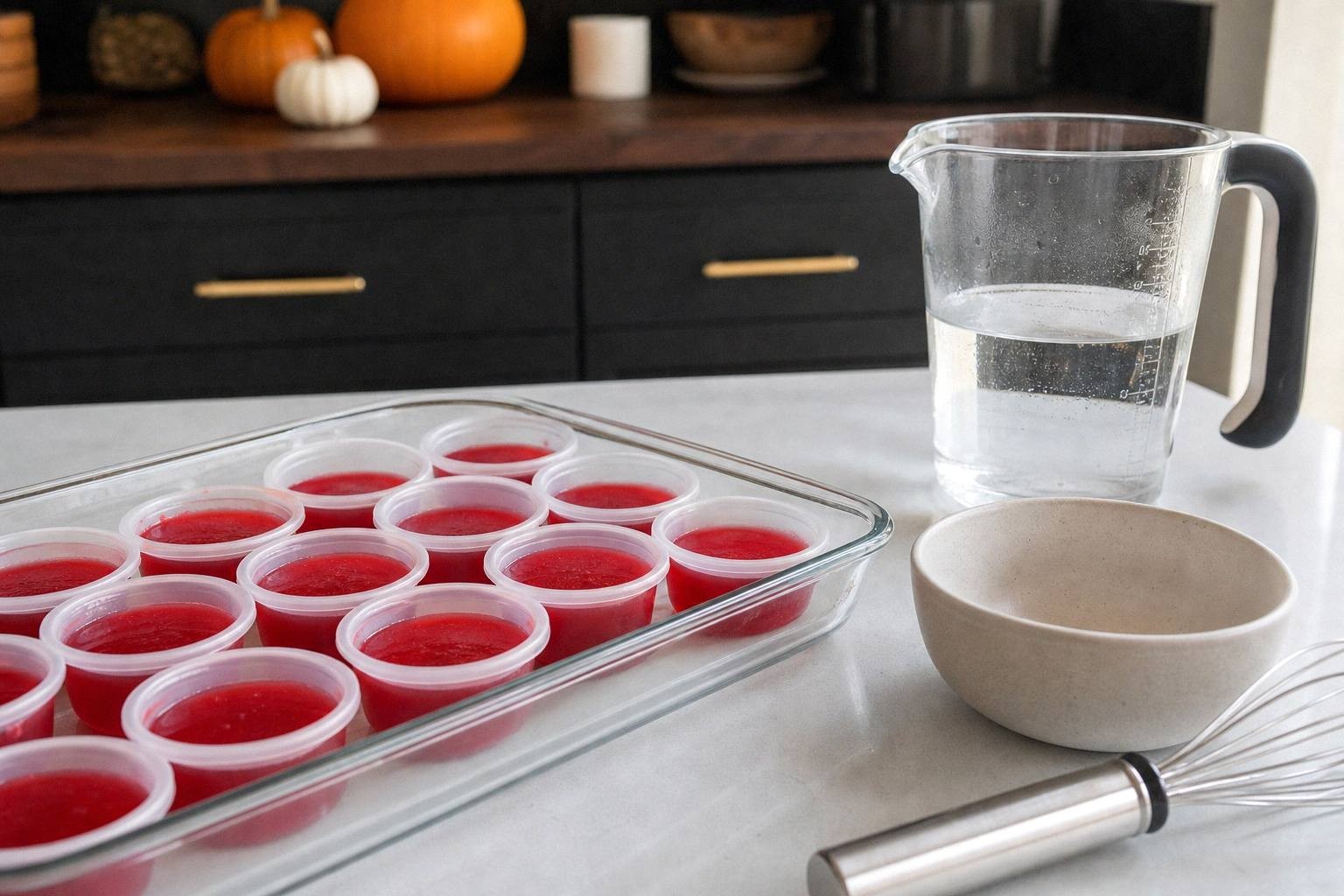 loose jello mixture in plastic cup next to firm set jello shot showing texture difference