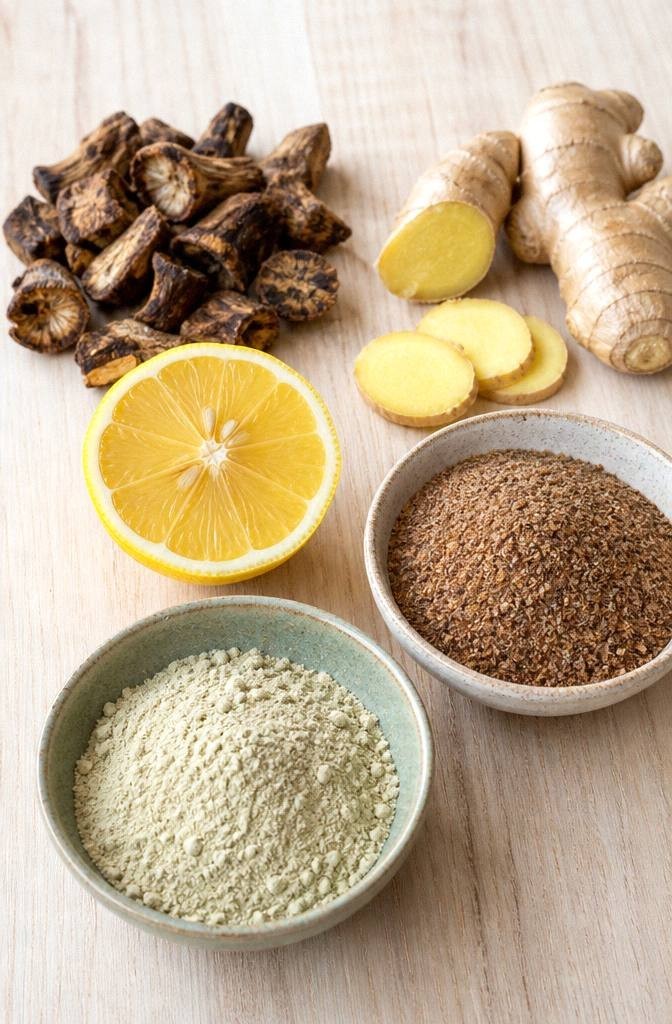 Roasted chicory root, fresh ginger, lemon, ground flaxseed and green banana flour laid out on a wood counter