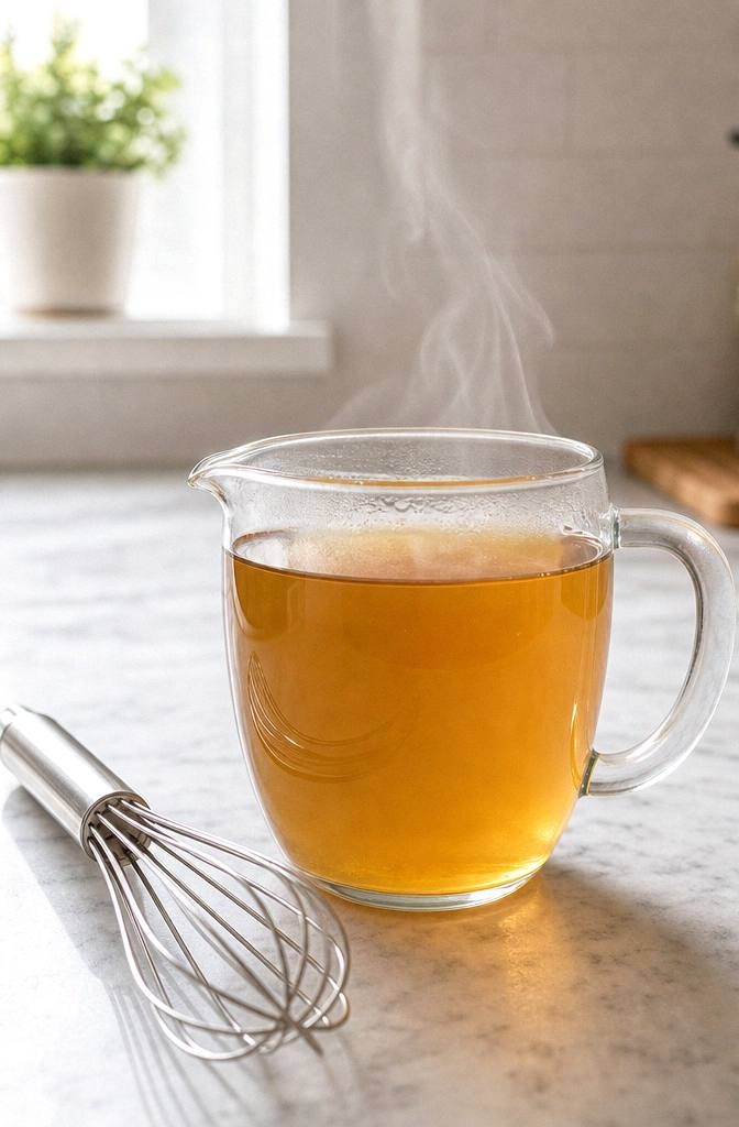 Warm strained chicory and ginger tea being whisked smooth in a glass measuring cup