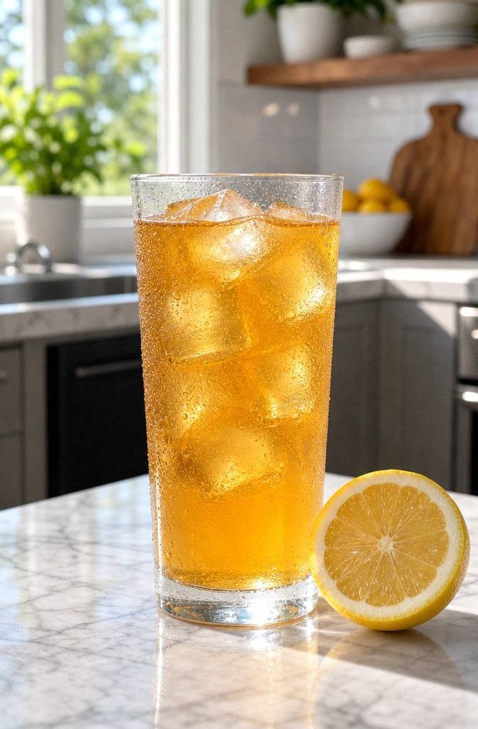 Finished prebiotic drink served over ice in a tall glass with a lemon wheel beside it