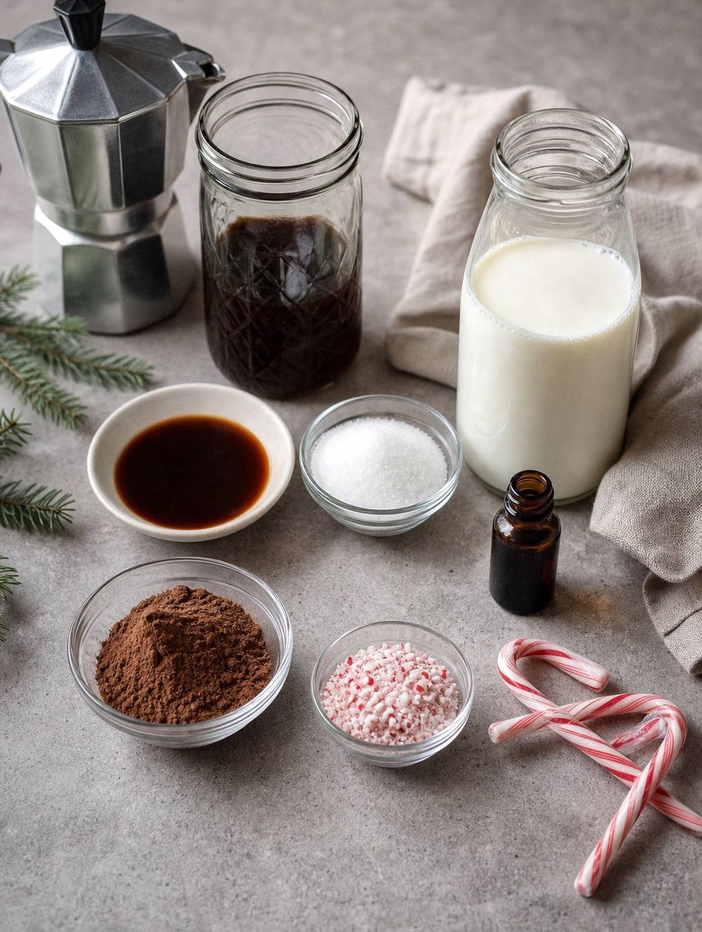 ingredients for peppermint mocha latte including milk, espresso, cocoa powder, sugar, peppermint extract, and winter sprinkles measured in small bowls