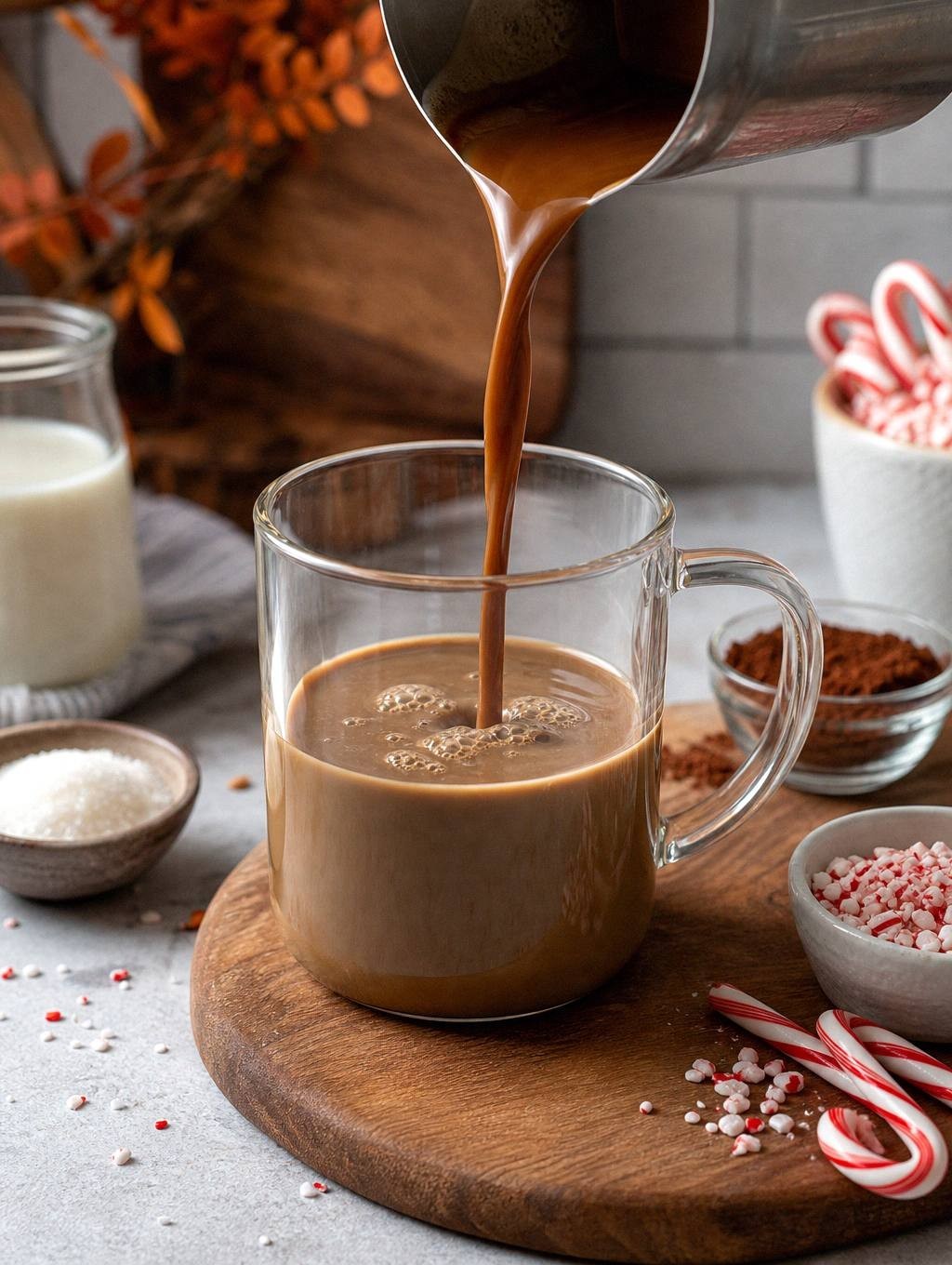 steaming milk being poured into a mug containing espresso to make a peppermint mocha latte