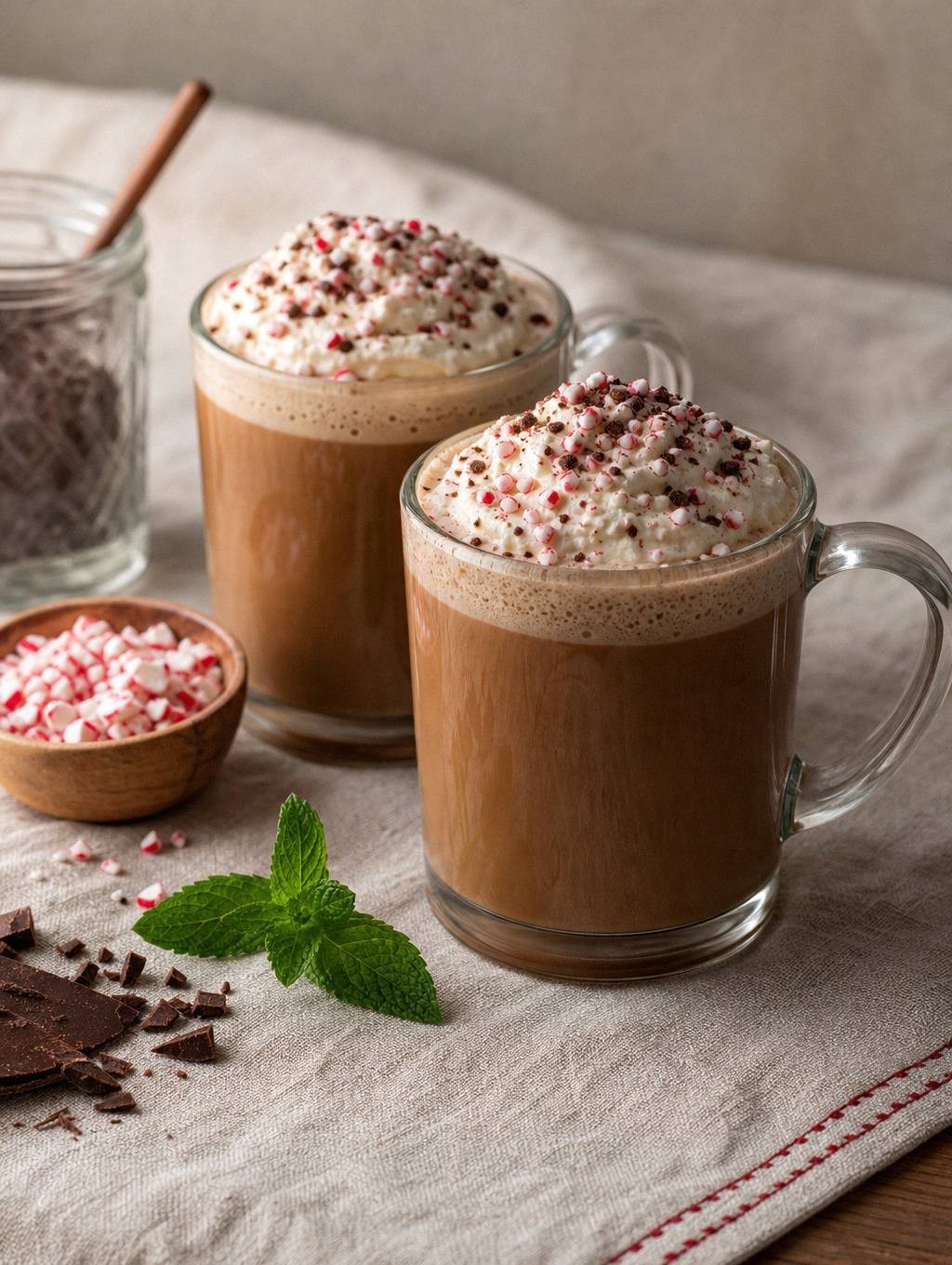 two finished peppermint mocha lattes in white mugs topped with whipped cream and chocolate garnishes on a wooden table