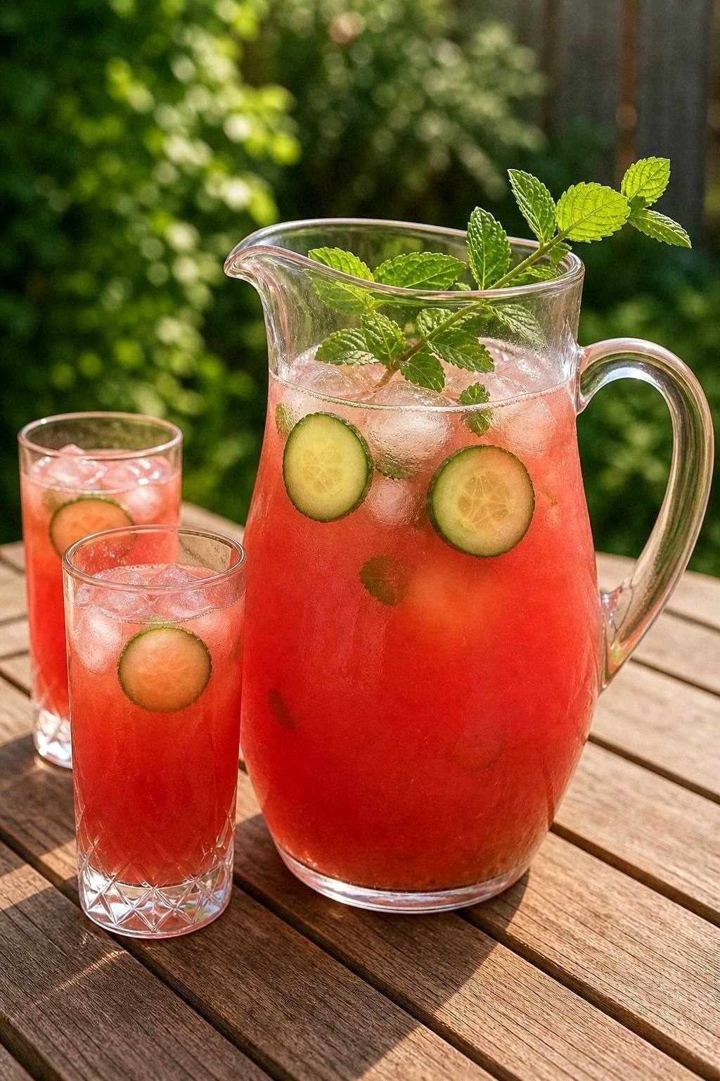 Large glass pitcher of bright pink watermelon mint cooler with cucumber rounds and a mint sprig on an outdoor wooden table