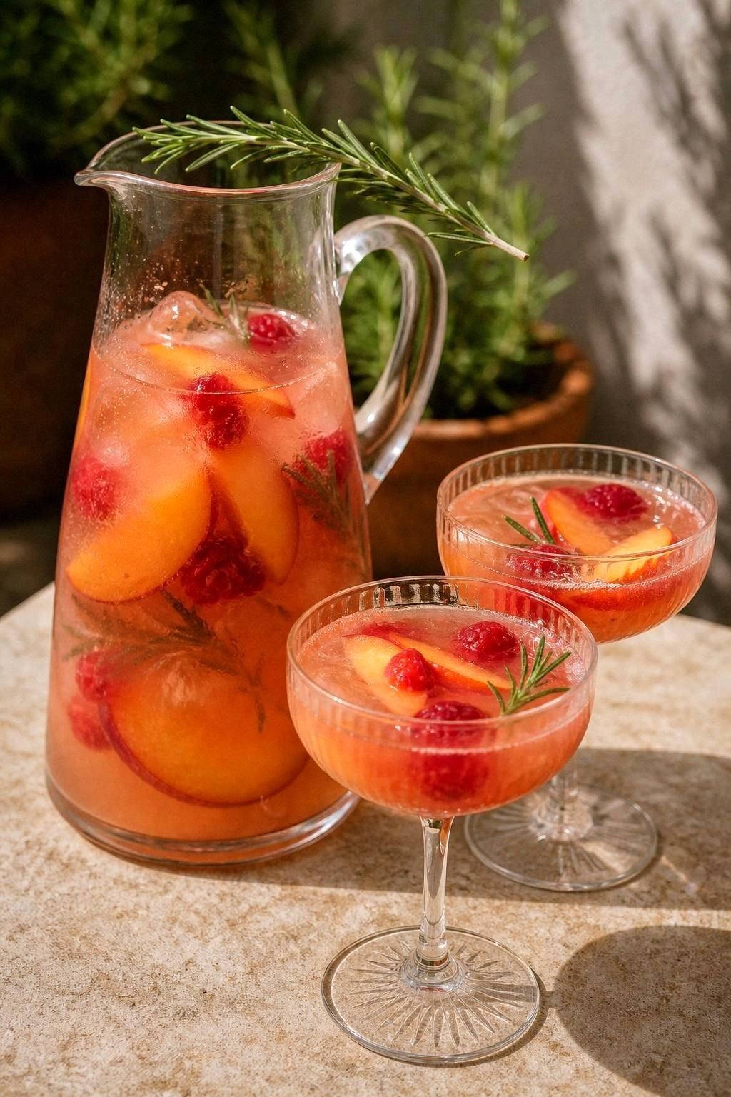 Glass pitcher of pink peach raspberry rosemary mocktail with floating peach slices and a rosemary sprig on a sunlit patio table