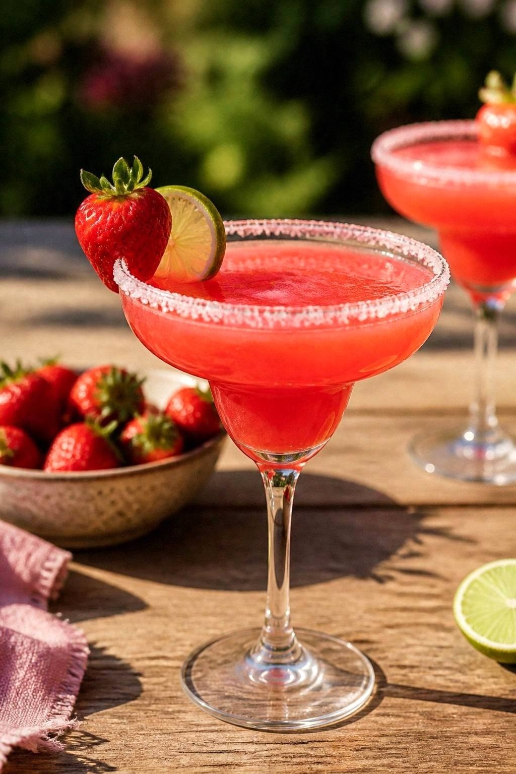 Margarita glass with salt rim full of bright pink strawberry lime mocktail with a strawberry and lime wheel on the rim on an outdoor table