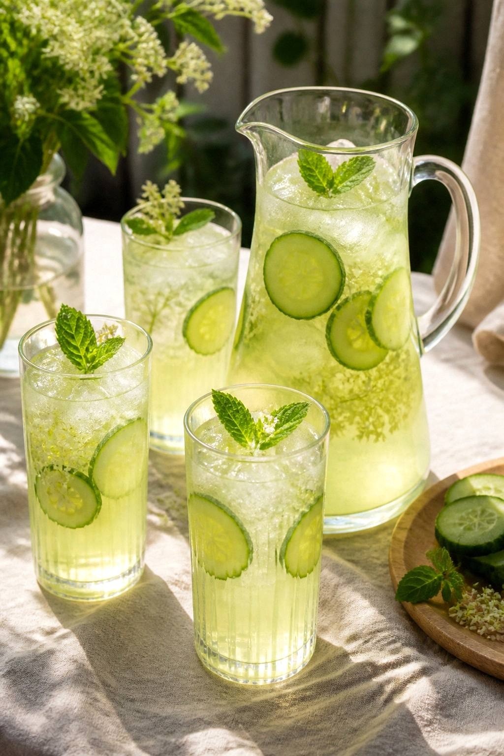 Tall pitcher of pale green cucumber elderflower spritz with cucumber rounds and mint on a sunlit table with a linen tablecloth