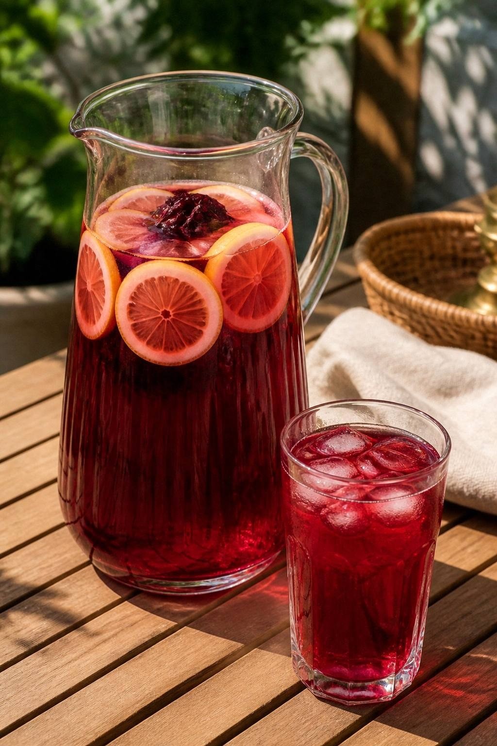 Tall glass pitcher of deep ruby hibiscus lemonade with floating lemon wheels and dried hibiscus flowers on a patio table