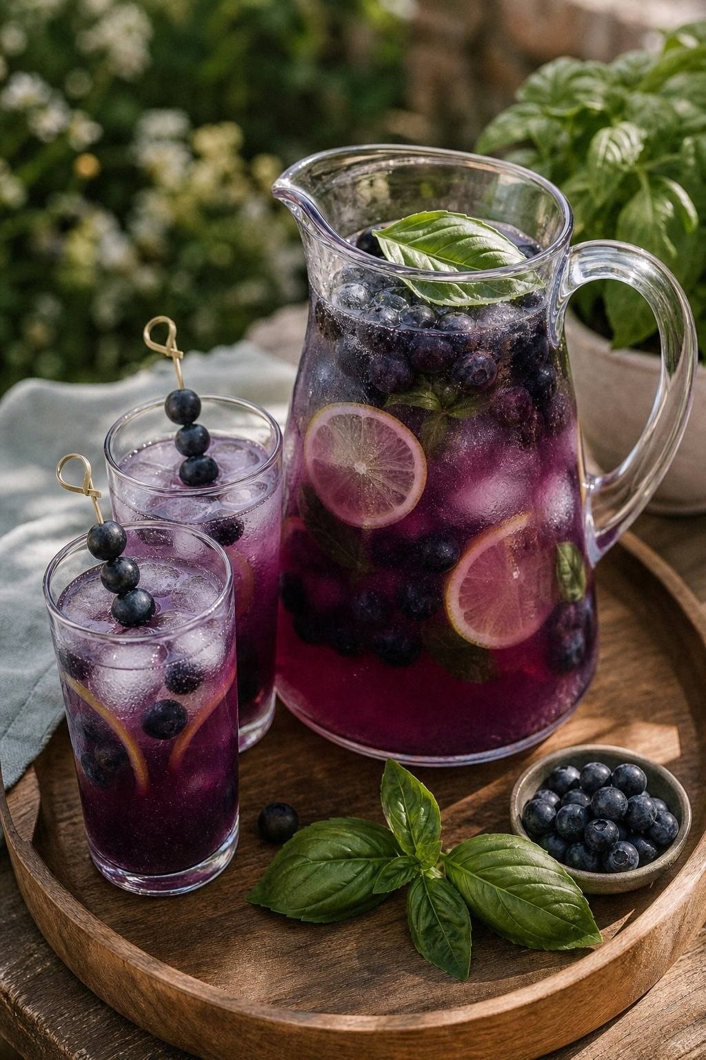 Glass pitcher of deep blue blueberry basil lemonade with fresh blueberries and basil leaves floating on top on a wooden serving tray