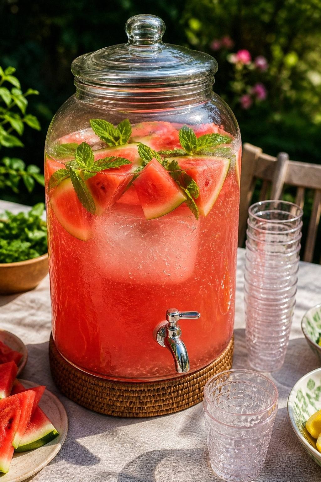 Large drink dispenser of bright pink sparkling watermelon mint punch on a sunlit outdoor party table with cups stacked beside it