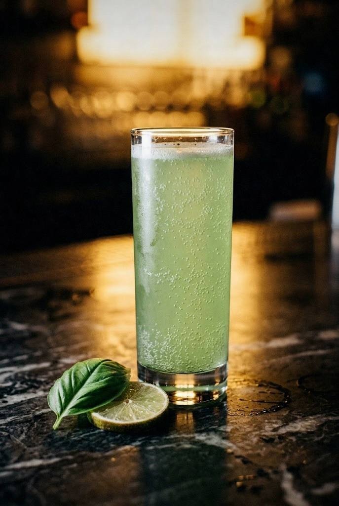 Chamomile flowers and borage blossoms on a wooden surface beside a honey-colored cocktail
