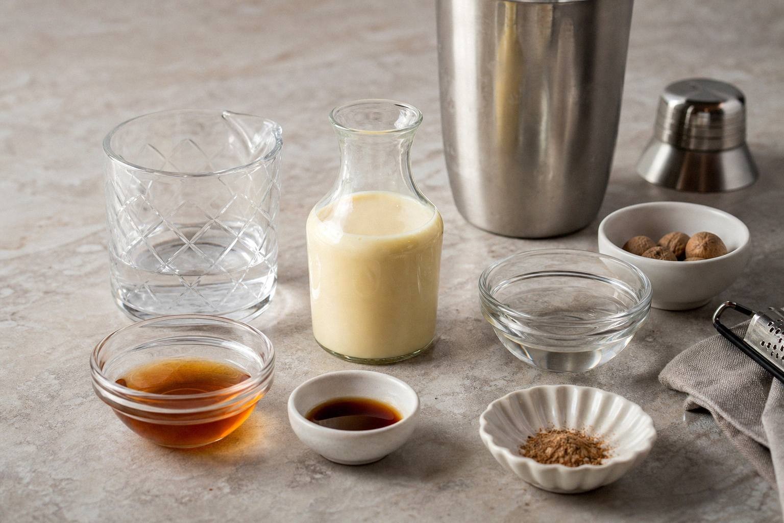 Eggnog, vanilla vodka, and amaretto liqueur measured in separate containers on a counter
