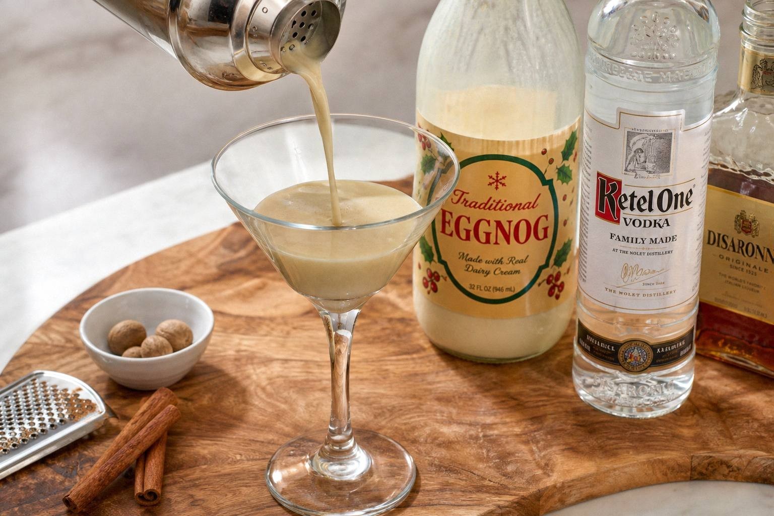 Eggnog martini being strained from a cocktail shaker into a martini glass