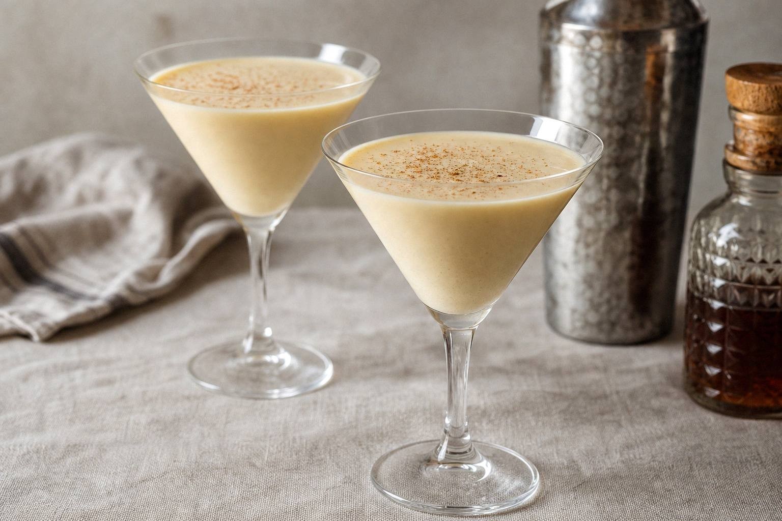Two eggnog martinis in coupe glasses with nutmeg garnish on a serving tray