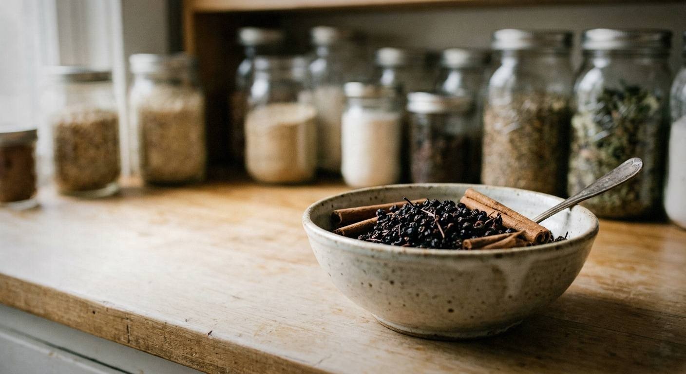 Dried elderberries in a glass measuring cup beside fresh ginger root, a cinnamon stick, whole cloves, and a jar of raw honey on a bright surface