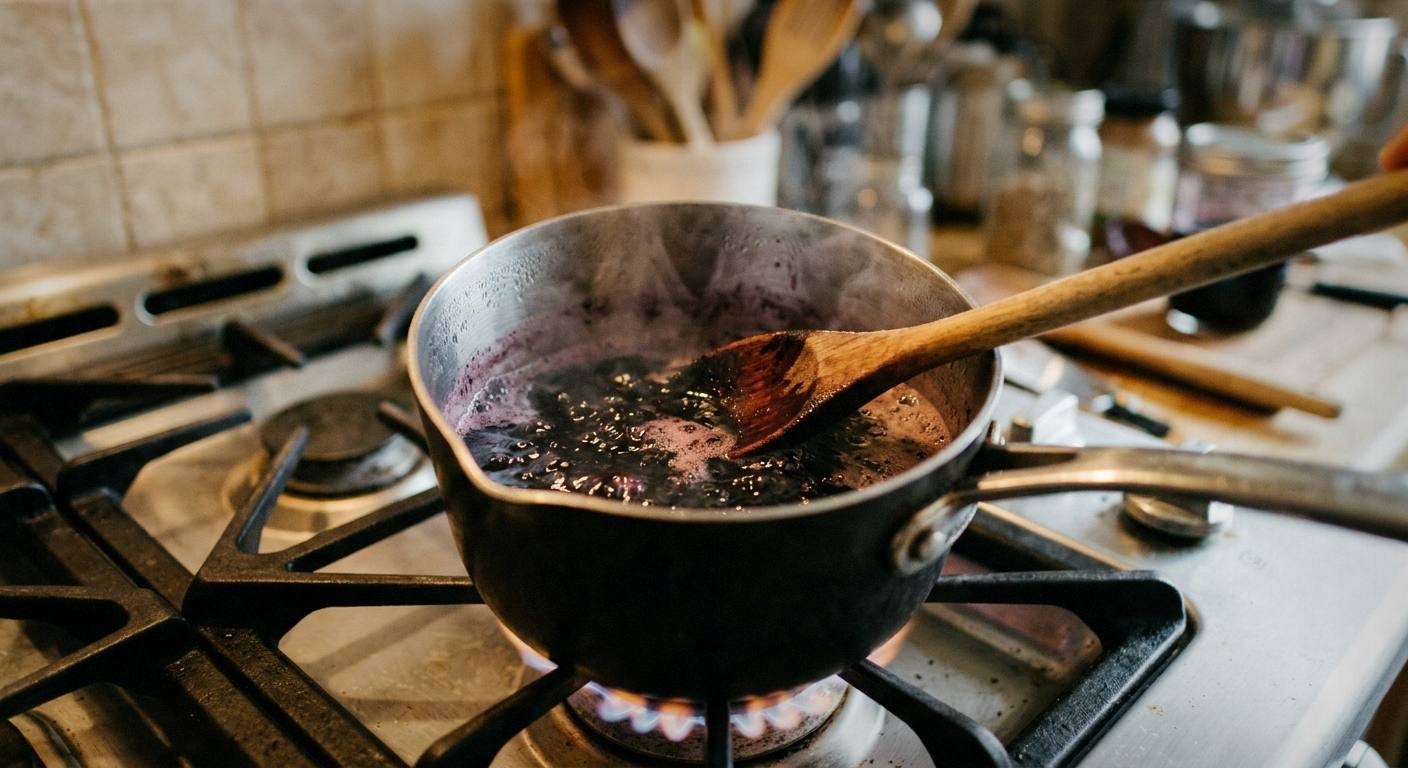Dark purple elderberry syrup being strained through a fine mesh sieve into a glass jar, showing the deep inky color of the concentrated liquid