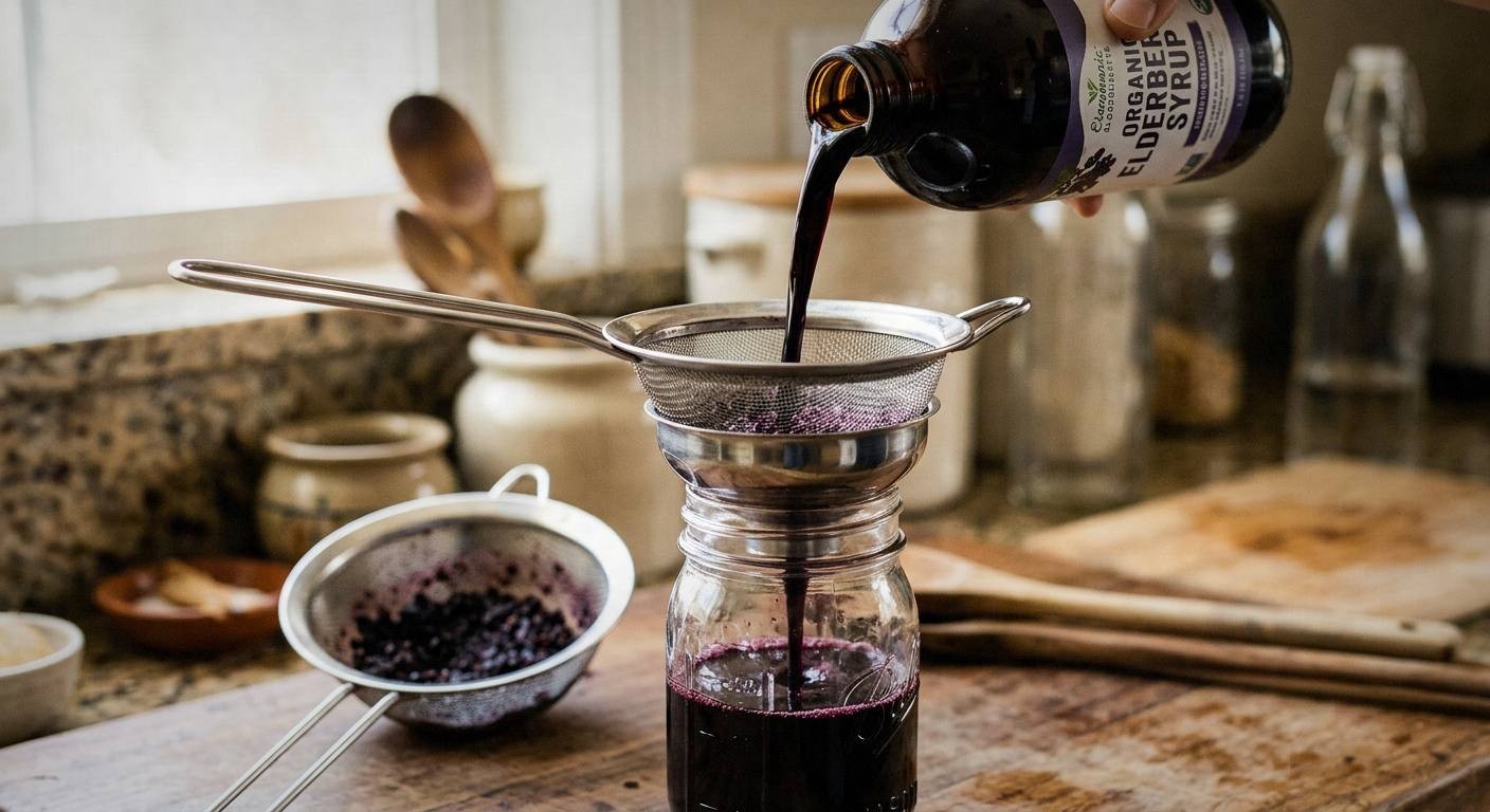 A glass jar of dark elderberry syrup on a bright surface beside a small wooden spoon, dried elderberries scattered nearby, and a bottle of raw honey in the background