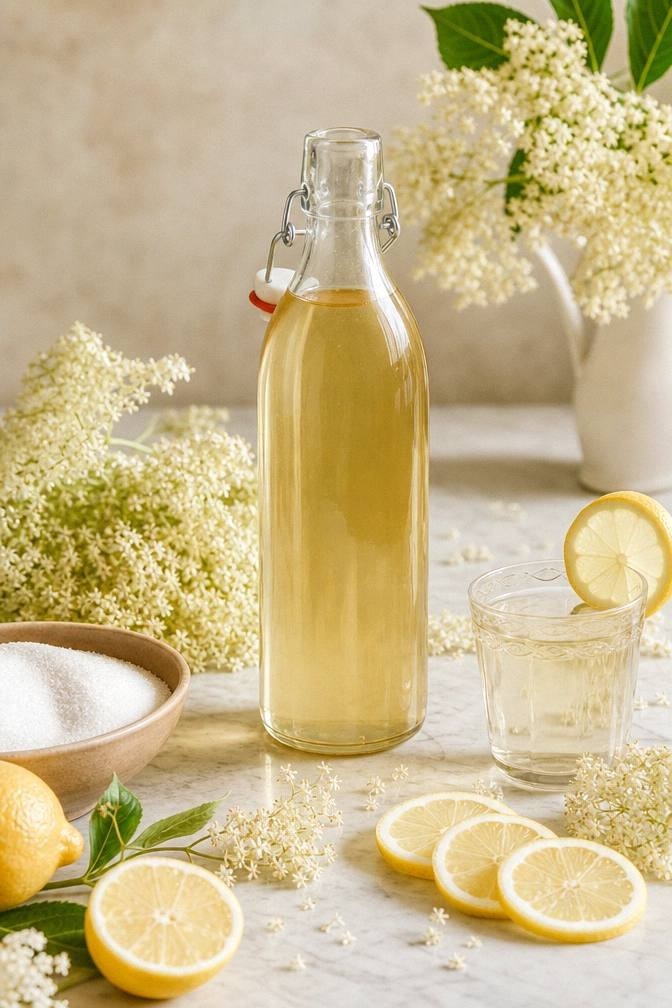 Fresh creamy white elderflower heads, sliced lemons, and a bowl of sugar on a pale surface for making homemade elderflower cordial