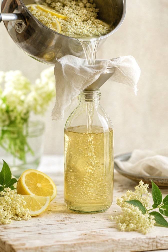 Elderflower heads and lemon slices steeping in a pot of sugar syrup being strained through muslin into a glass bottle for elderflower cordial