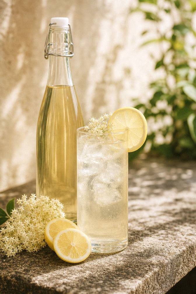 Finished pale gold elderflower cordial in a glass bottle beside a tall elderflower spritzer with a lemon slice in bright daylight
