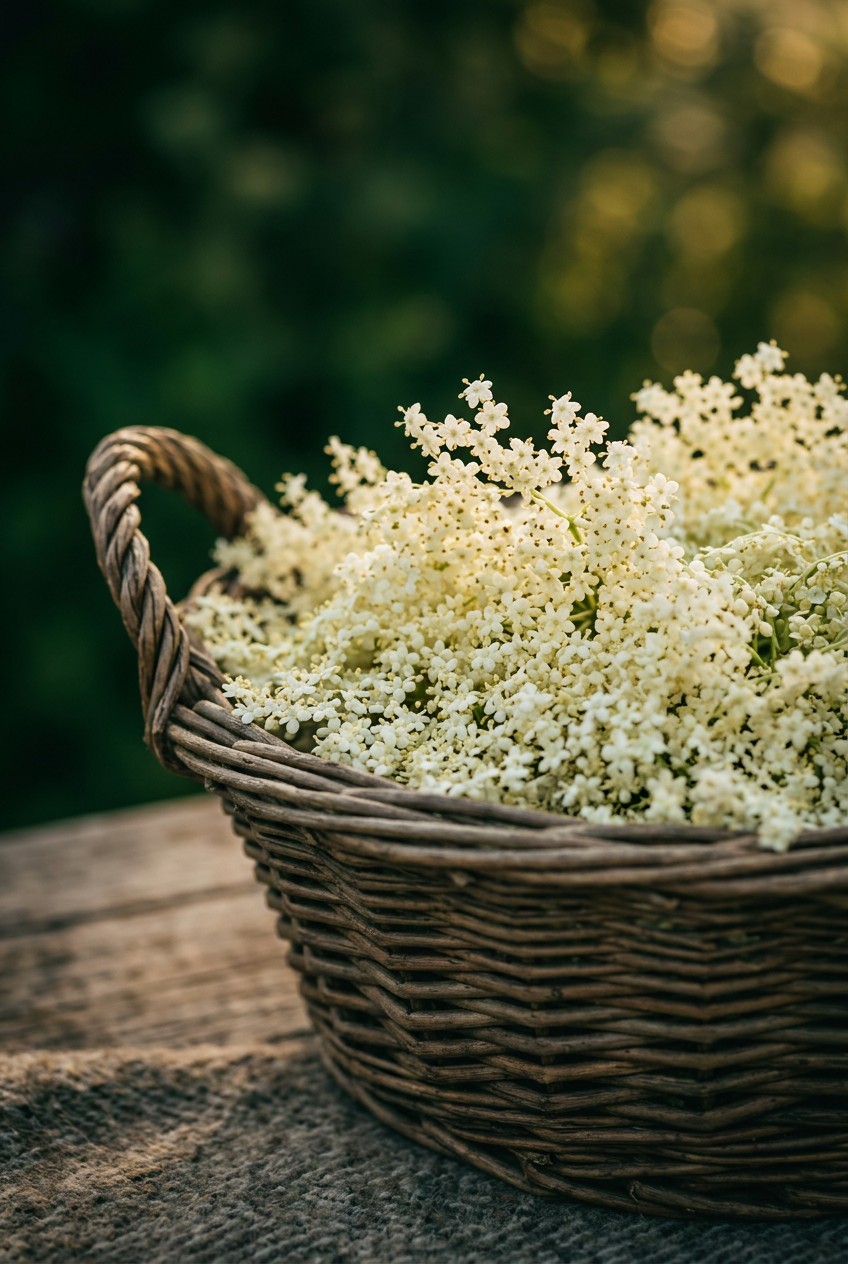 Fresh elderflower heads in wicker basket with morning dew, UK hedgerow background, late spring sunlight, traditional foraging