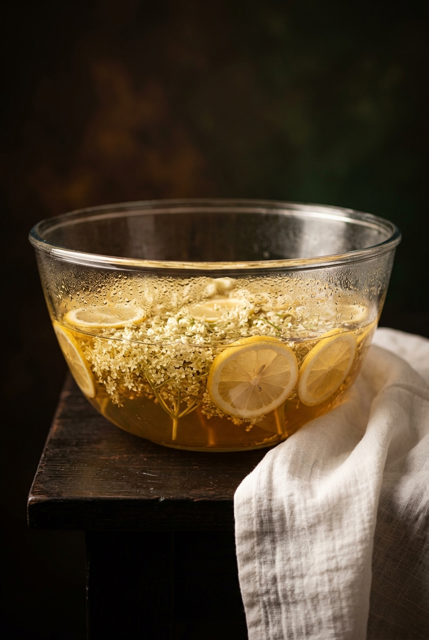 Elderflower heads steeping in lemon sugar syrup, glass bowl, visible lemon slices, muslin cloth cover, natural window light