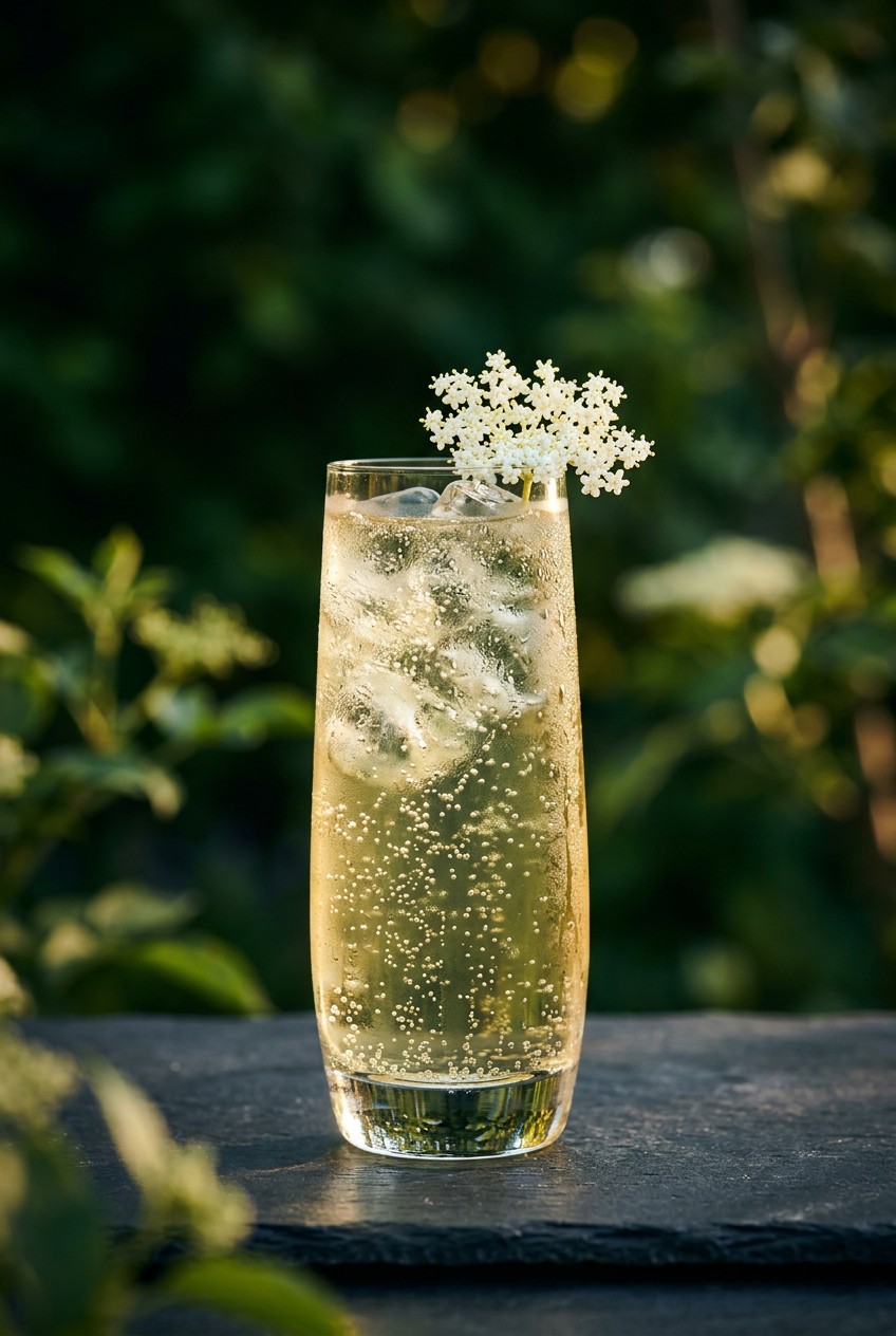 Elderflower cordial in tall glass with ice cubes, sparkling water, fresh elderflower garnish, condensation on glass, outdoor spring garden setting
