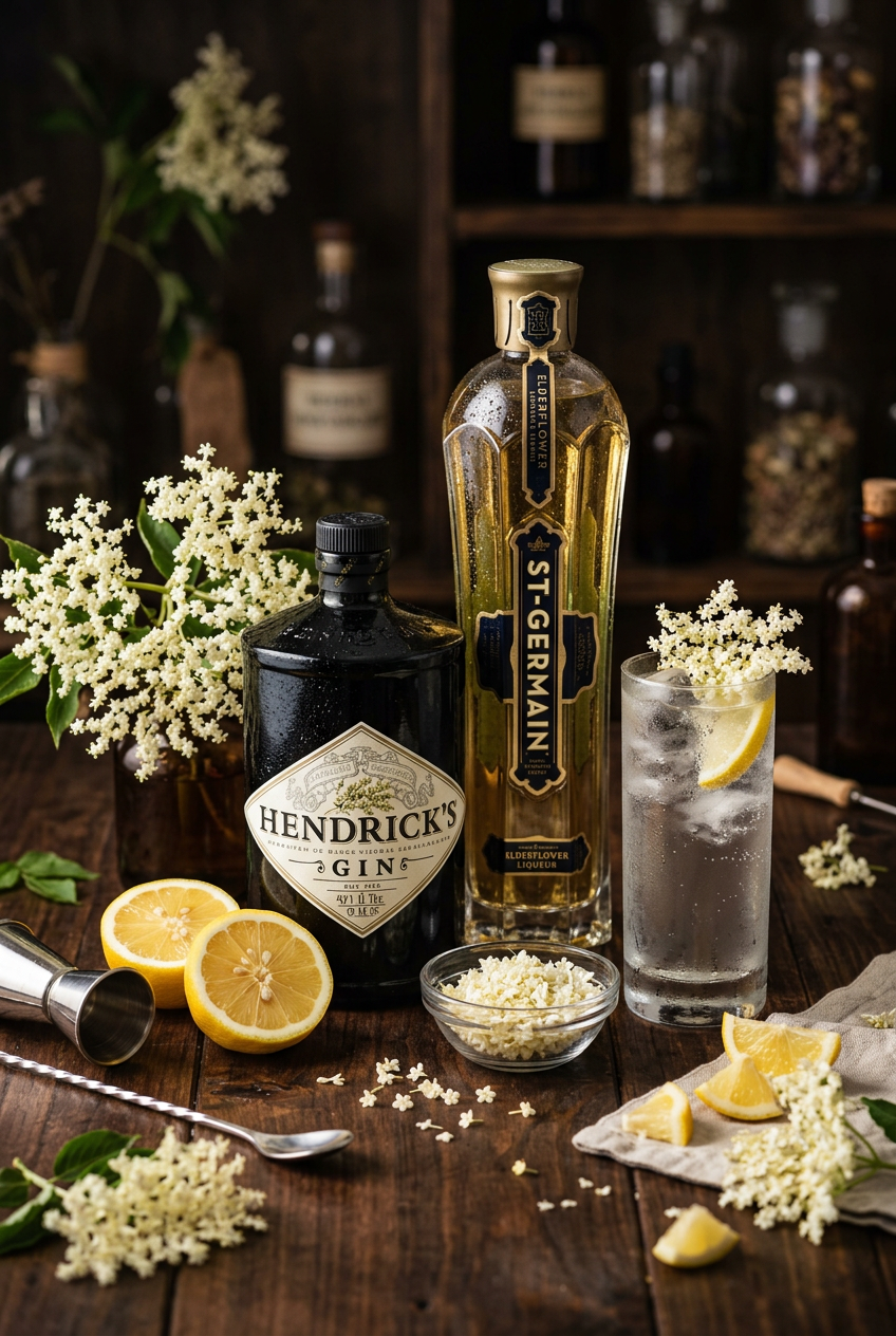 Fresh elderflowers and lemon slices arranged on a wooden cutting board