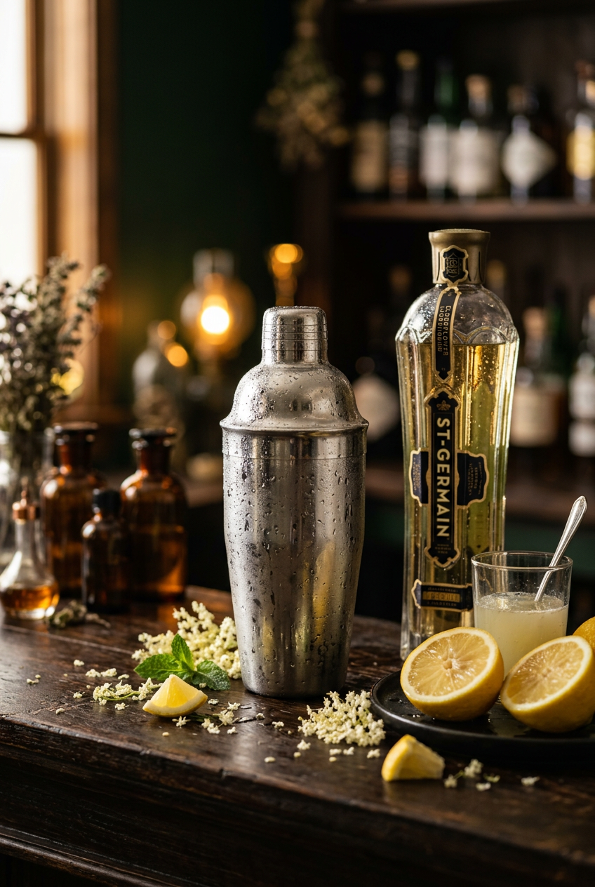 Elderflower gin collins being prepared with syrup being poured into a glass with ice
