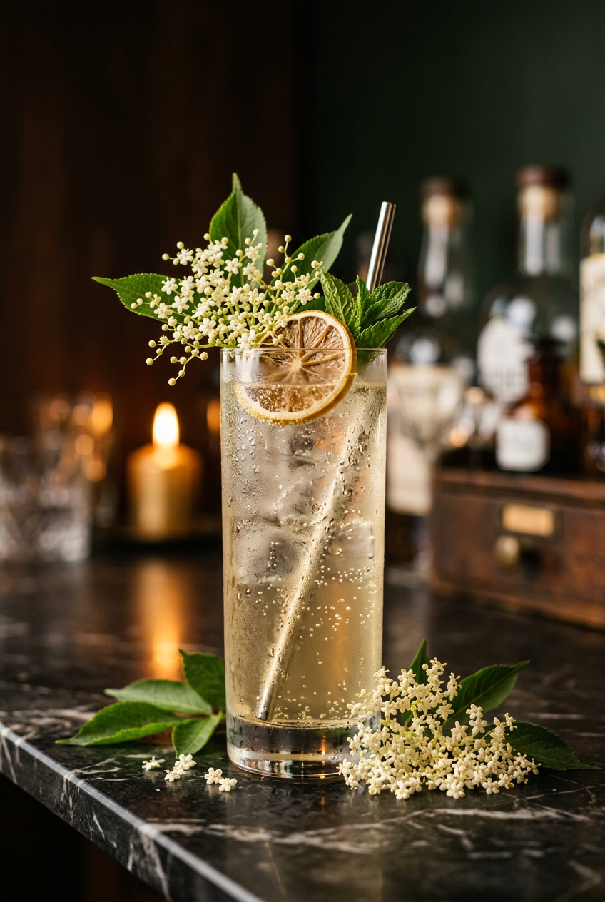 Finished elderflower gin collins in a tall glass with ice, garnished with lemon and elderflowers