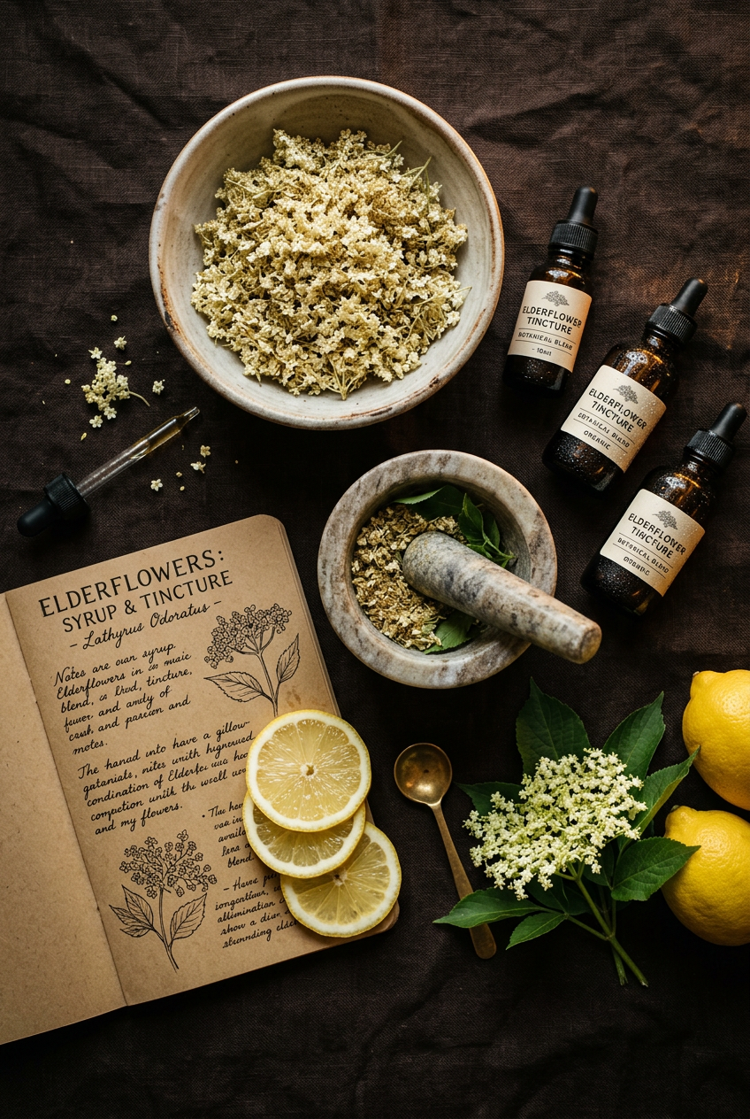 Elderflower tea in a clear glass teacup with fresh blossoms beside it
